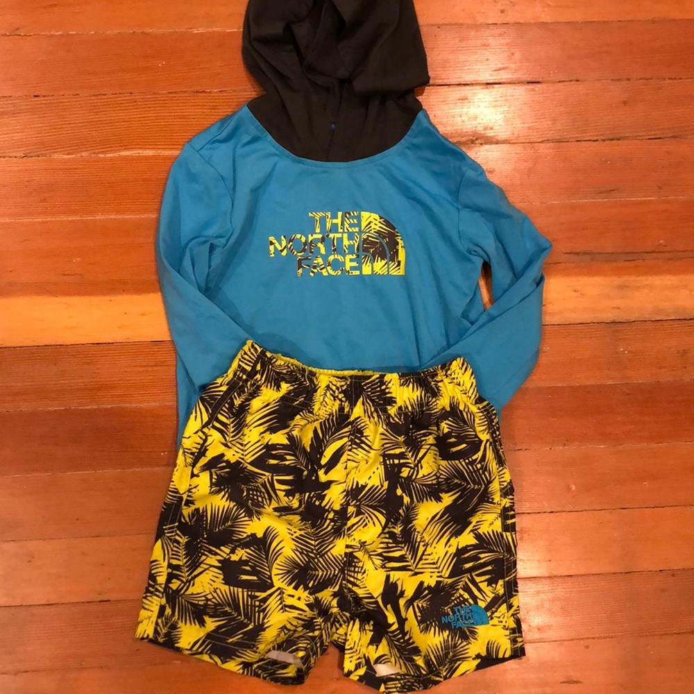 North Face toddler swim trunks and hooded shirt